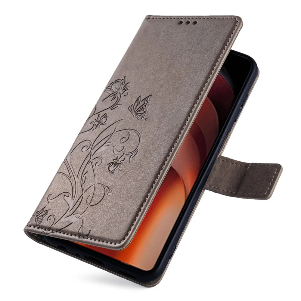 For vivo iQOO Neo9 5G / Neo9 Pro 5G Case PU Leather Butterfly Floral Flip Stand Phone Cover - Grey - 5