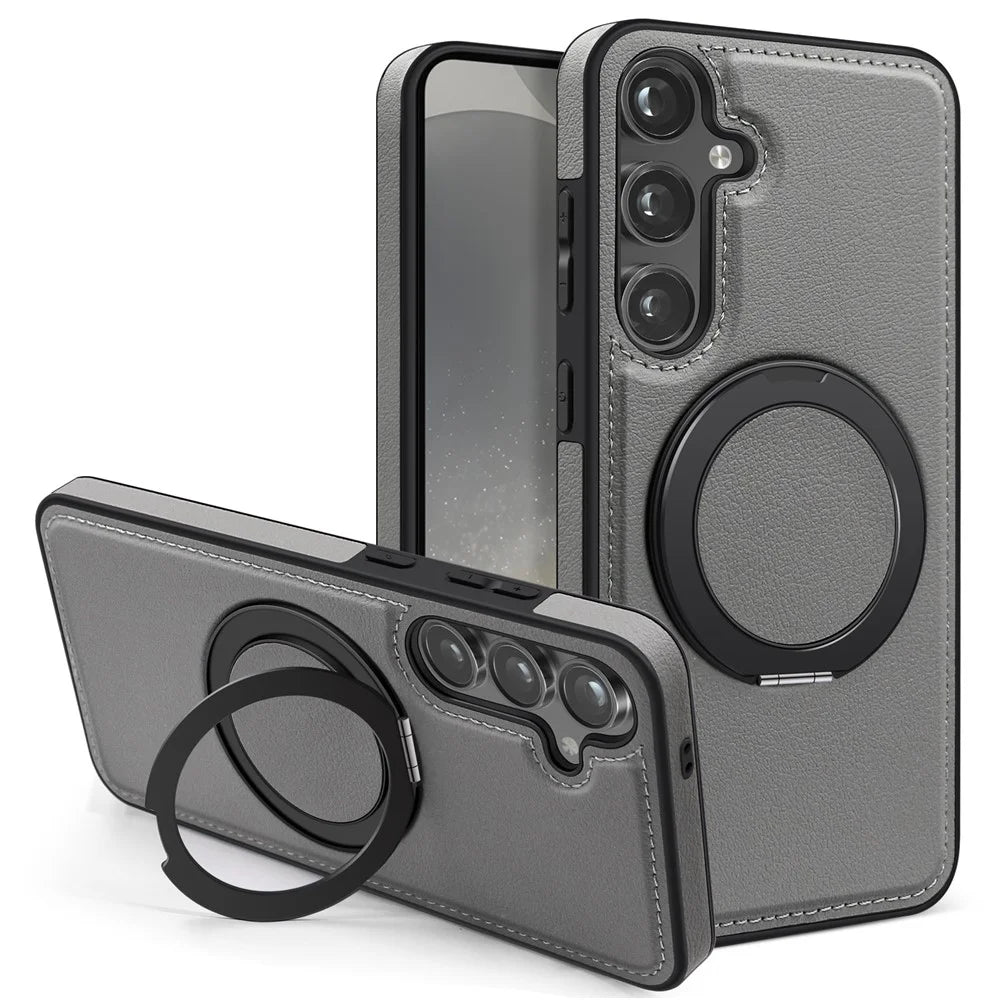 For Samsung Galaxy S24 Case with Ring Kickstand Magnetic Case PU Leather Back Cover - Grey - 1
