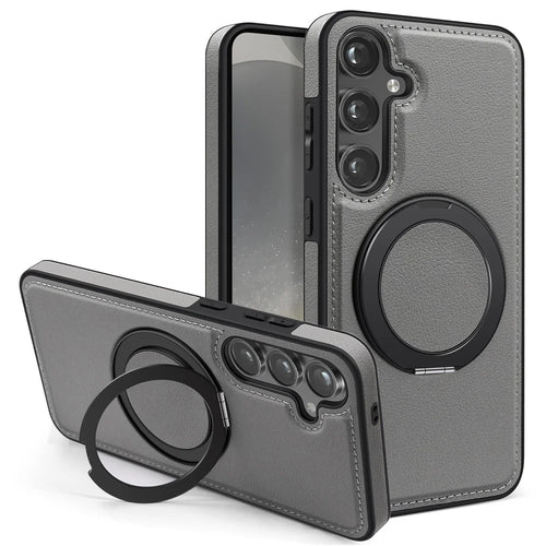 For Samsung Galaxy S24 Case with Ring Kickstand Magnetic Case PU Leather Back Cover - Grey - 1