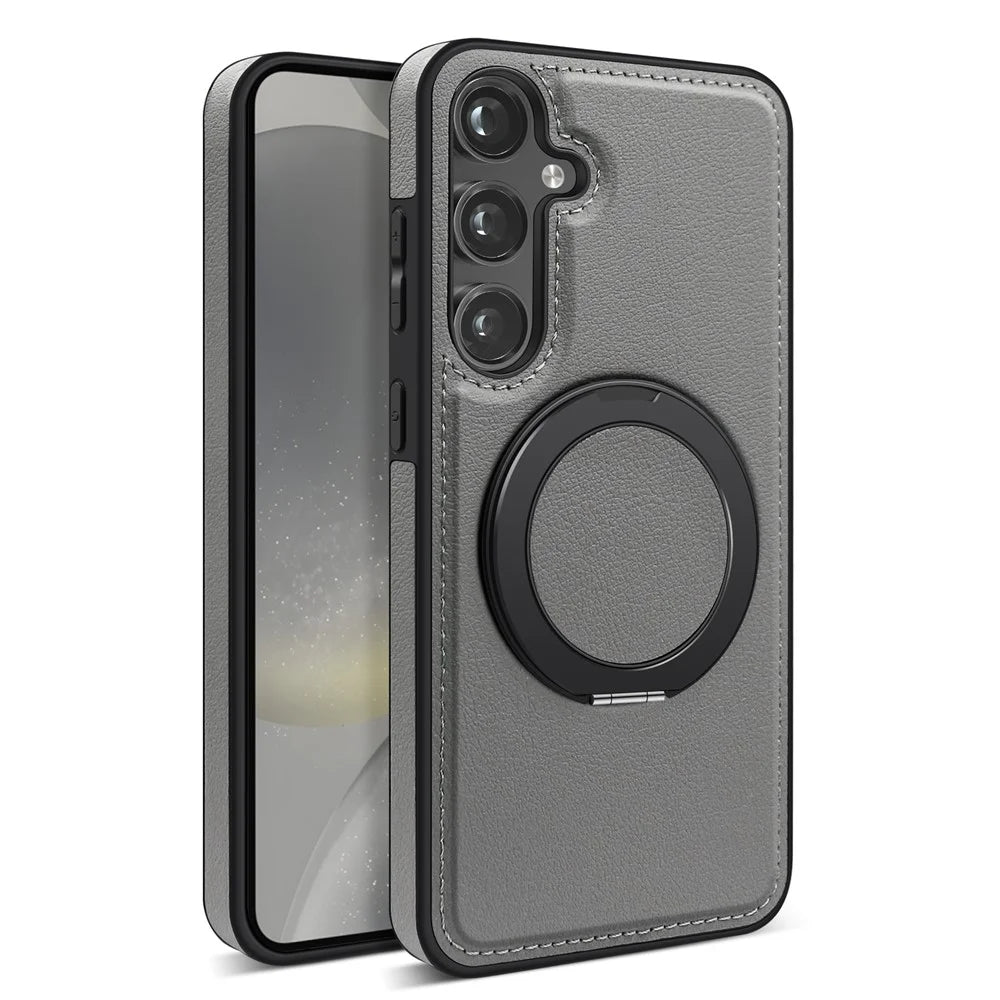 For Samsung Galaxy S24 Case with Ring Kickstand Magnetic Case PU Leather Back Cover - Grey - 2