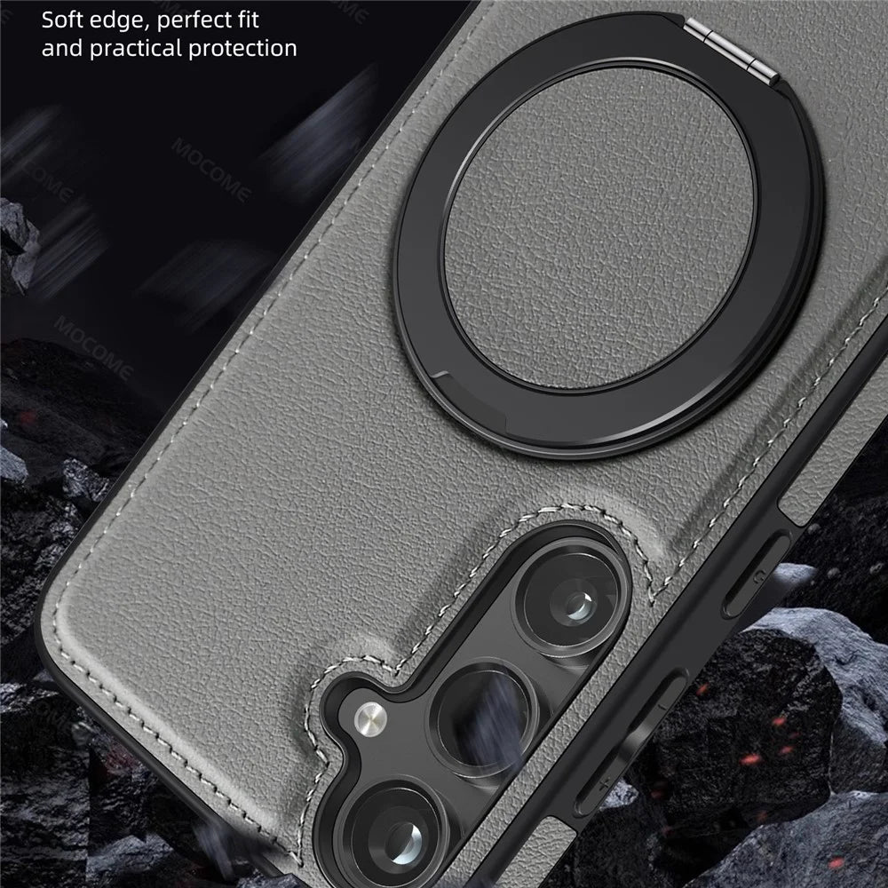 For Samsung Galaxy S24 Case with Ring Kickstand Magnetic Case PU Leather Back Cover - Grey - 3