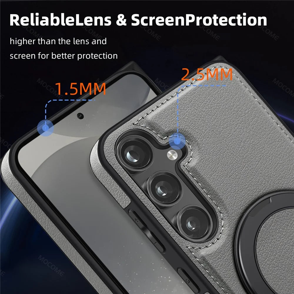For Samsung Galaxy S24 Case with Ring Kickstand Magnetic Case PU Leather Back Cover - Grey - 4
