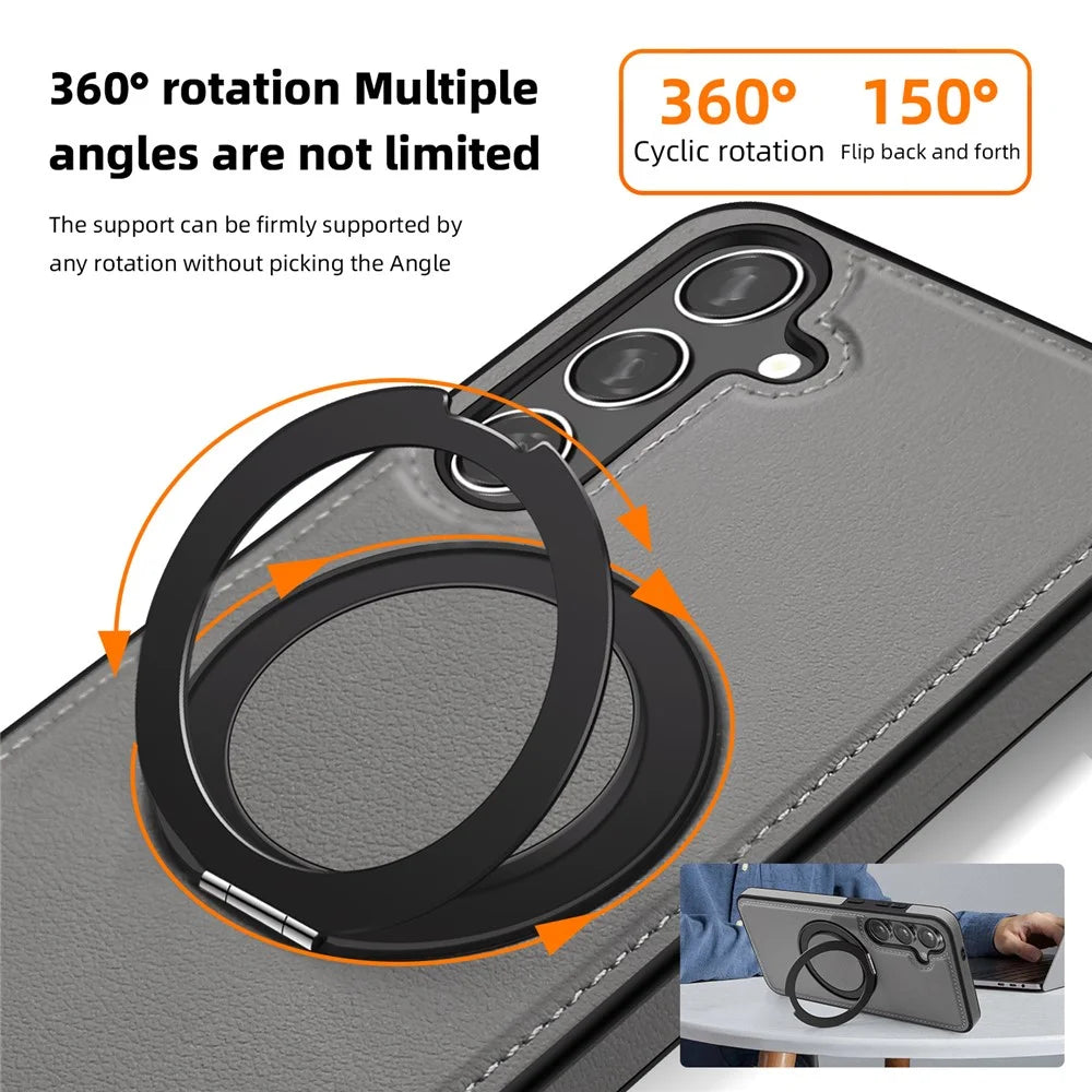 For Samsung Galaxy S24 Case with Ring Kickstand Magnetic Case PU Leather Back Cover - Grey - 5