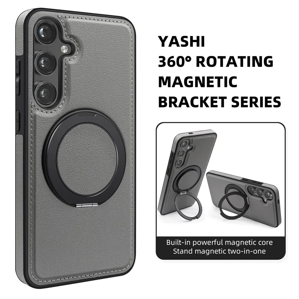 For Samsung Galaxy S24 Case with Ring Kickstand Magnetic Case PU Leather Back Cover - Grey - 6