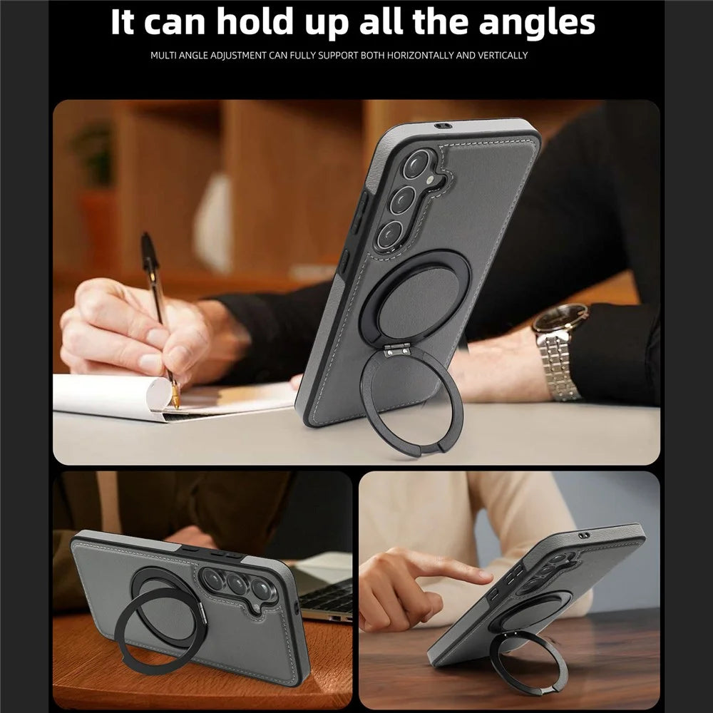 For Samsung Galaxy S24 Case with Ring Kickstand Magnetic Case PU Leather Back Cover - Grey - 7