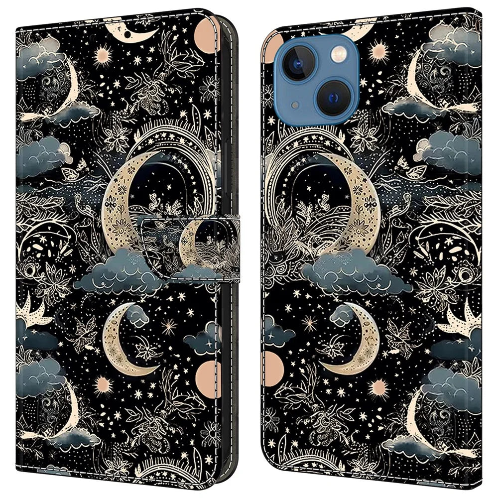 For iPhone 15 Shockproof Case Leather Flip Folio Phone Cover with Wallet - Moon - 1