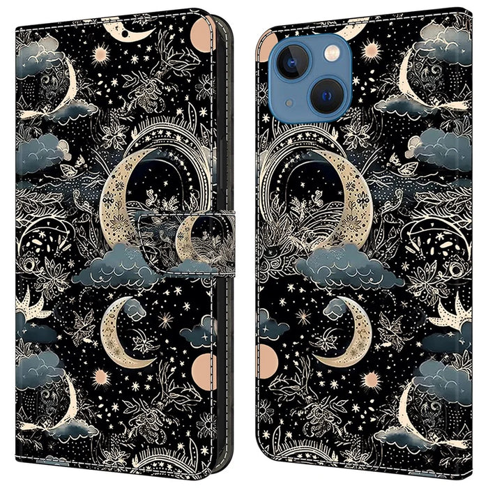 For iPhone 15 Shockproof Case Leather Flip Folio Phone Cover with Wallet - Moon - 1