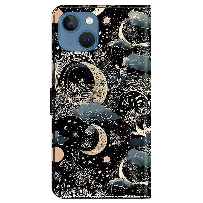 For iPhone 15 Shockproof Case Leather Flip Folio Phone Cover with Wallet - Moon - 7