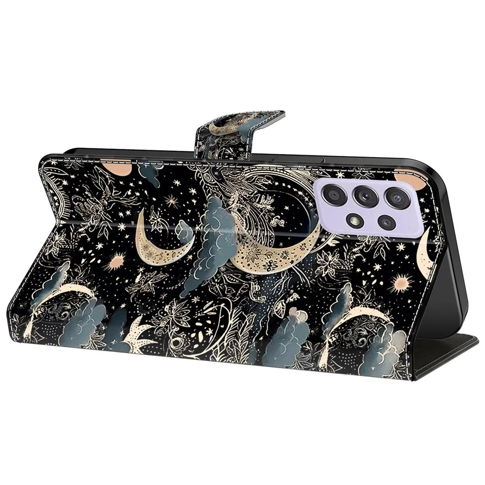 For Samsung Galaxy A52 4G / 5G / A52s 5G Case Pattern Printing Flip Folio Leather Phone Cover - Moon - 3