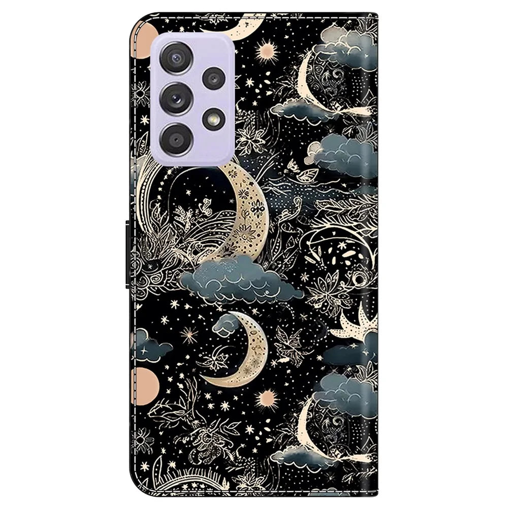 For Samsung Galaxy A52 4G / 5G / A52s 5G Case Pattern Printing Flip Folio Leather Phone Cover - Moon - 7