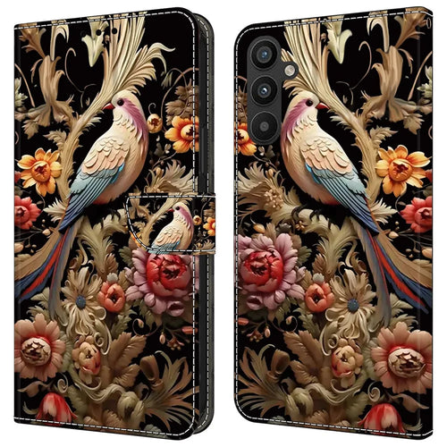 For Samsung Galaxy A34 5G   Case Pattern Print Leather Flip Phone Cover with Wallet - Vintage Flower and Bird - 1