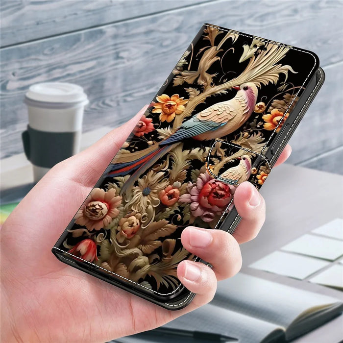 For Samsung Galaxy A34 5G   Case Pattern Print Leather Flip Phone Cover with Wallet - Vintage Flower and Bird - 5