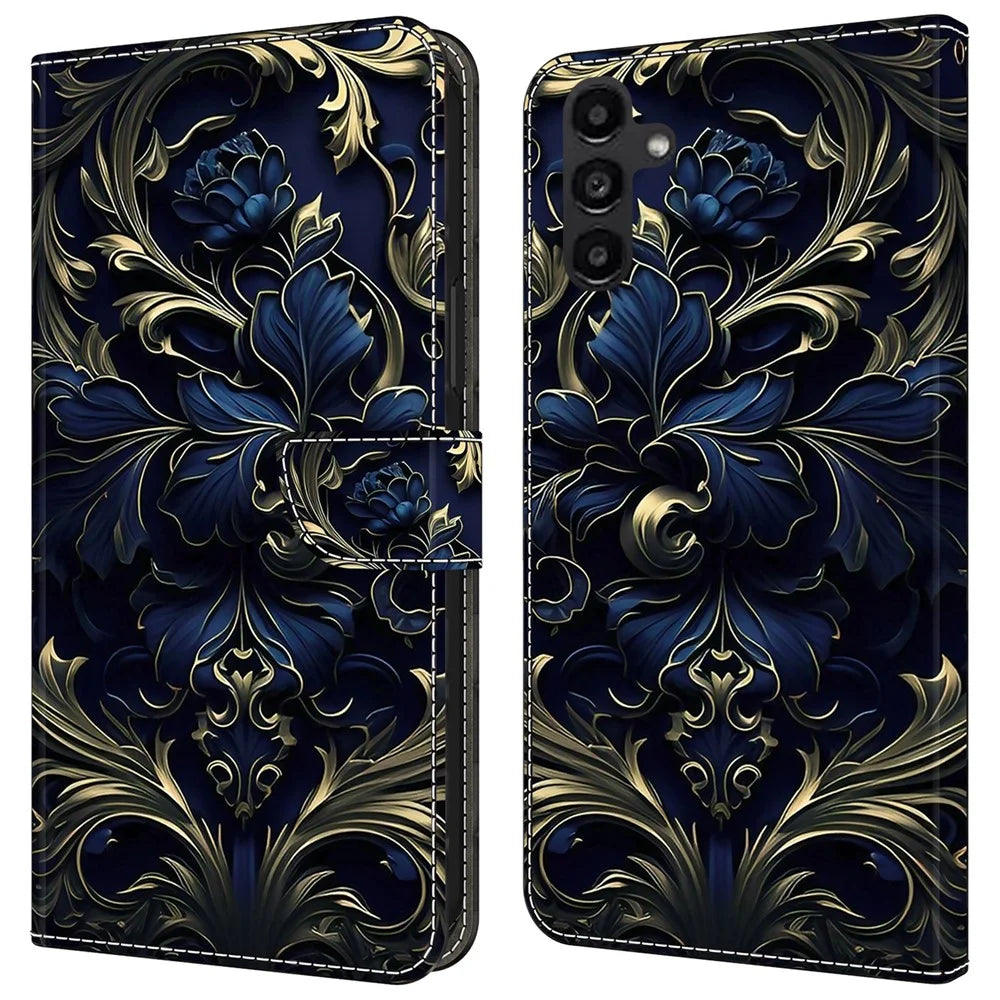 For Samsung Galaxy A14 5G / A14 4G Phone Case   Pattern Print Leather Wallet Cover - Blue Flower - 1