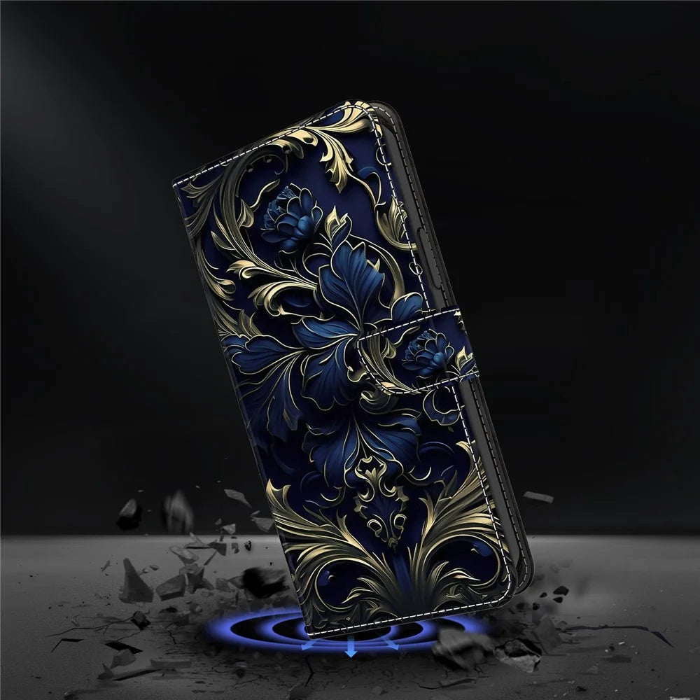For Samsung Galaxy A14 5G / A14 4G Phone Case   Pattern Print Leather Wallet Cover - Blue Flower - 4