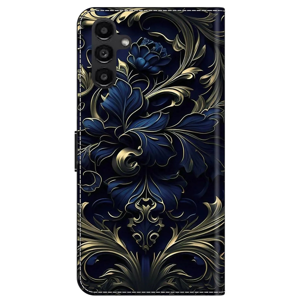 For Samsung Galaxy A14 5G / A14 4G Phone Case   Pattern Print Leather Wallet Cover - Blue Flower - 7