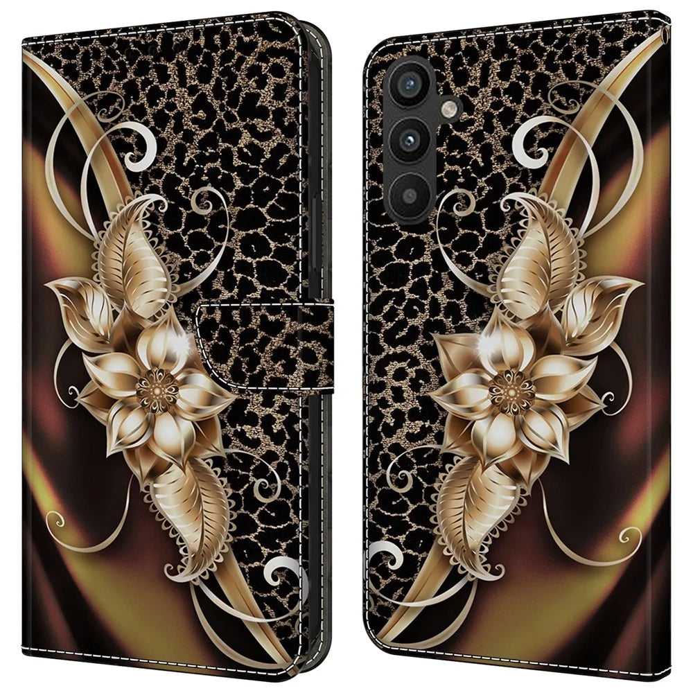 For Samsung Galaxy A15 4G / 5G Case PU Leather Magnetic Clasp Stand Function Phone Cover Pattern Printed - Metal Flower - 1