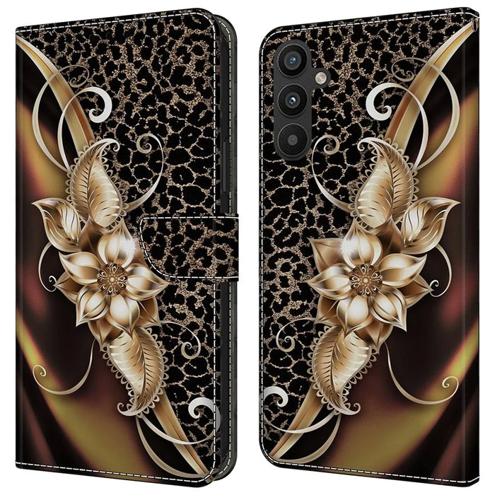 For Samsung Galaxy A15 4G / 5G Case PU Leather Magnetic Clasp Stand Function Phone Cover Pattern Printed - Metal Flower - 1