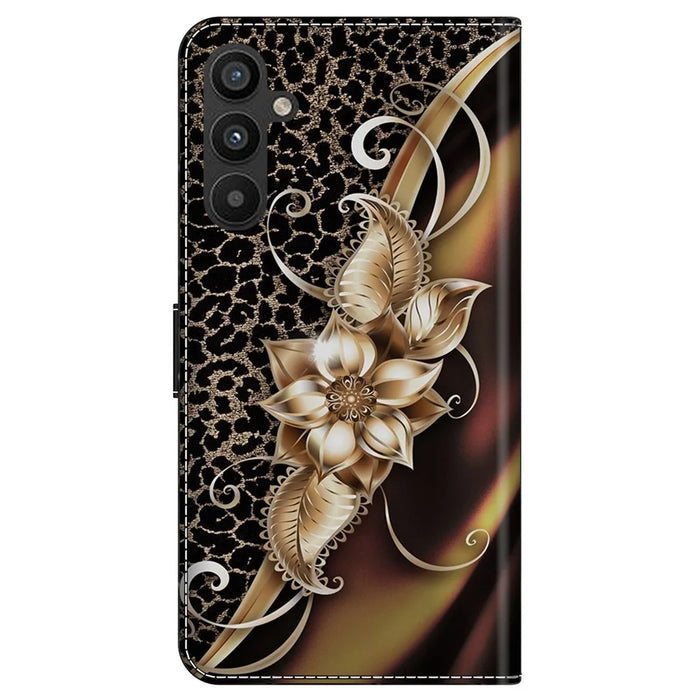 For Samsung Galaxy A15 4G / 5G Case PU Leather Magnetic Clasp Stand Function Phone Cover Pattern Printed - Metal Flower - 7
