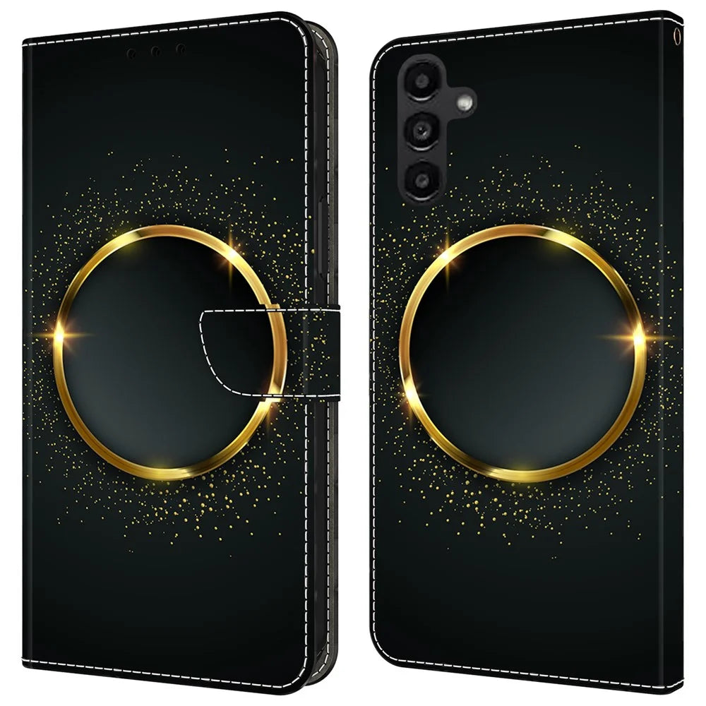 For Samsung Galaxy A24 4G (162.1 x 77.6 x 8.3mm) Case Pattern Print Leather Wallet Phone Cover - Gold Ring - 1