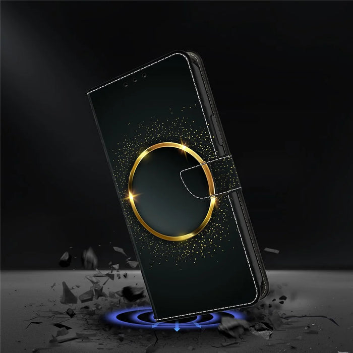 For Samsung Galaxy A24 4G (162.1 x 77.6 x 8.3mm) Case Pattern Print Leather Wallet Phone Cover - Gold Ring - 4