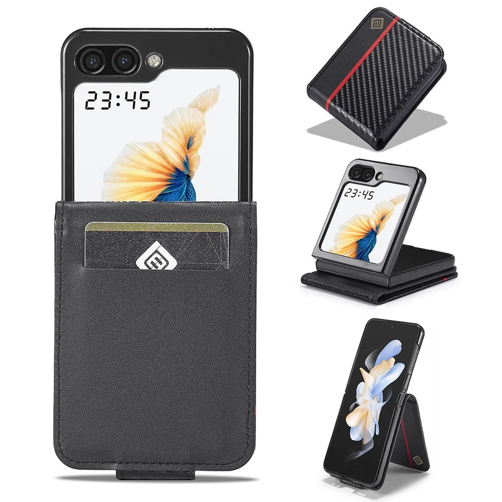 LC.IMEEKE For Samsung Galaxy Z Flip7 FE 5G / Z Flip6 5G Case Carbon Fiber Texture Card Holder Back Phone Cover - Vertical Stripe - 1