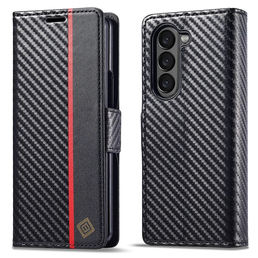 LC.IMEEKE For Samsung Galaxy Z Fold6 5G Case Carbon Fiber Texture Magnetic Closure Phone Cover - Vertical Stripe - 1