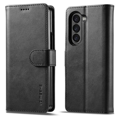 LC.IMEEKE For Samsung Galaxy Z Fold6 5G Case Calf Texture Magnetic Clasp Stand Phone Cover - Black - 1