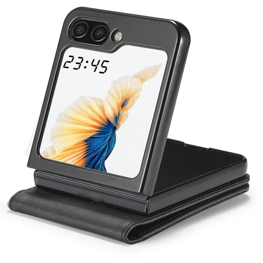 LC.IMEEKE For Samsung Galaxy Z Flip7 FE 5G / Z Flip6 5G Case Scratch-resistant Leather+PC Calf Texture Stand Phone Cover - Black - 4