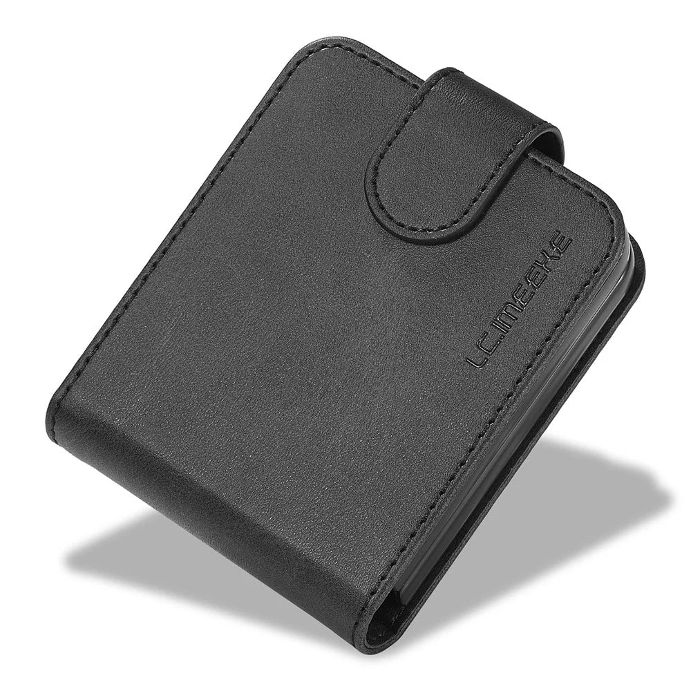 LC.IMEEKE For Samsung Galaxy Z Flip7 FE 5G / Z Flip6 5G Case Scratch-resistant Leather+PC Calf Texture Stand Phone Cover - Black - 6