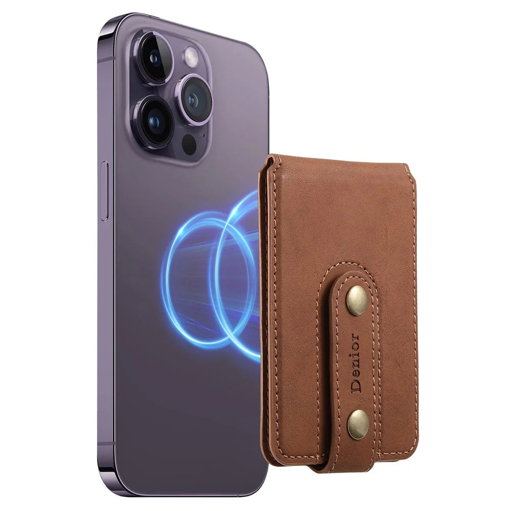 D21 Retro Texture Leather Card Bag Phone Back Magnetic Card Holder - Brown - 1