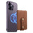 D21 Retro Texture Leather Card Bag Phone Back Magnetic Card Holder - Brown - 1