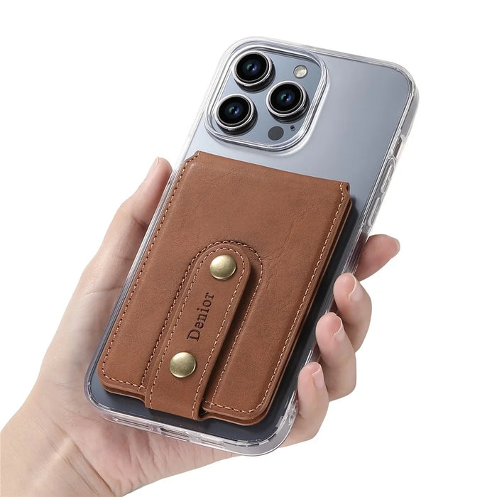 D21 Retro Texture Leather Card Bag Phone Back Magnetic Card Holder - Brown - 3