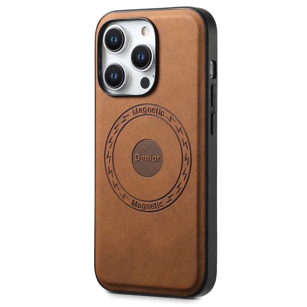 DENIOR A11 For iPhone 15 Pro Case Leather Coated TPU+PC Magnetic Drop-proof Phone Cover - Brown - 1
