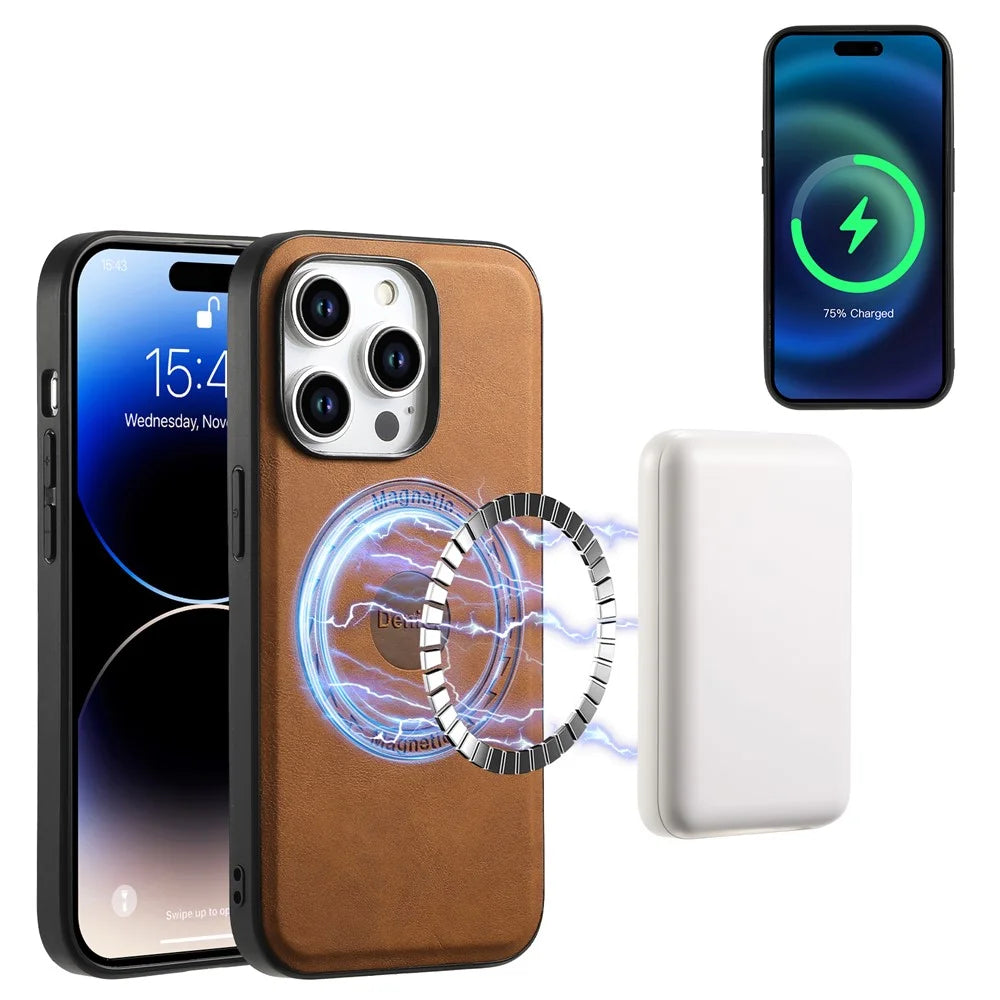 DENIOR A11 For iPhone 15 Pro Case Leather Coated TPU+PC Magnetic Drop-proof Phone Cover - Brown - 2