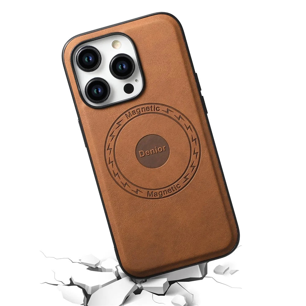 DENIOR A11 For iPhone 15 Pro Case Leather Coated TPU+PC Magnetic Drop-proof Phone Cover - Brown - 3