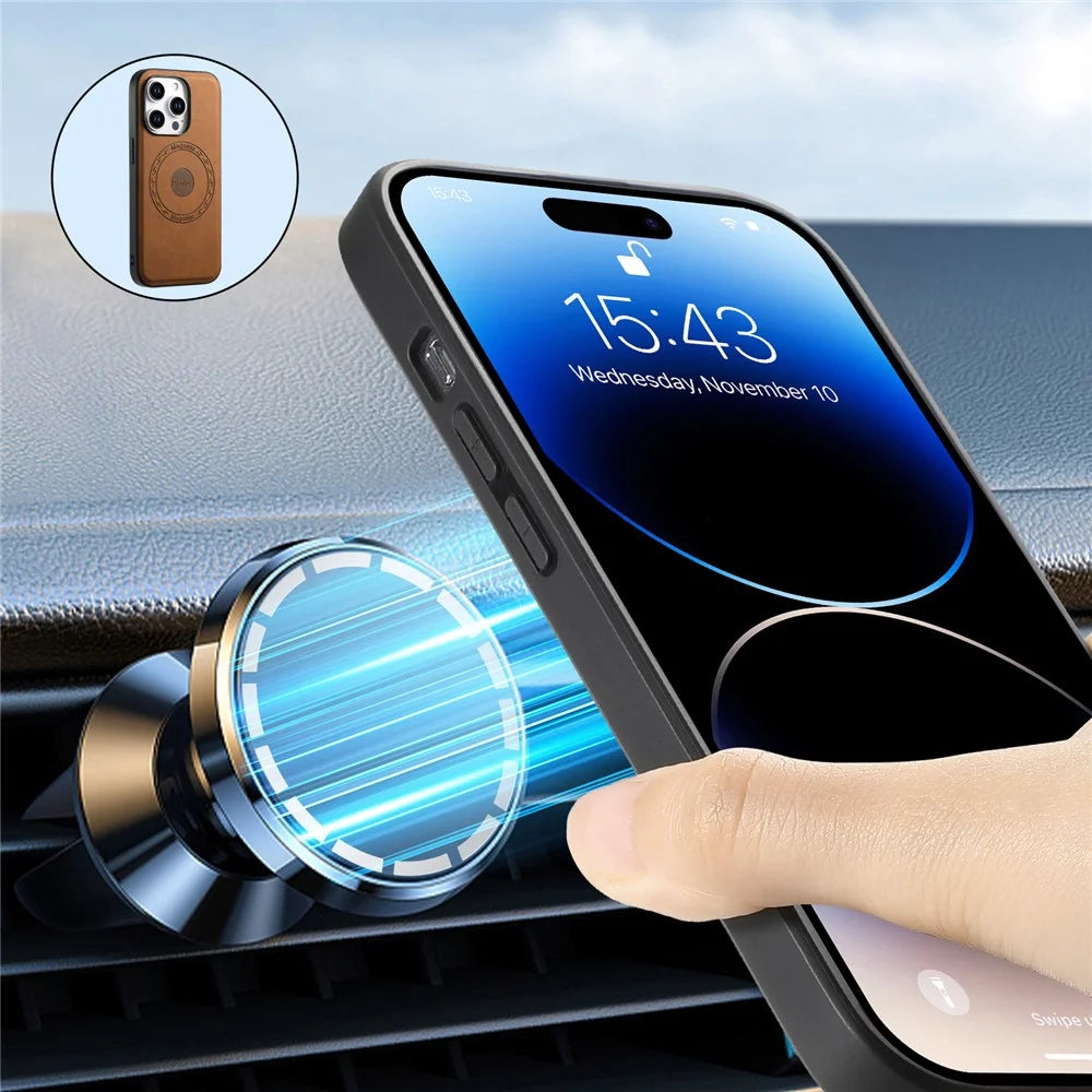 DENIOR A11 For iPhone 15 Pro Case Leather Coated TPU+PC Magnetic Drop-proof Phone Cover - Brown - 4