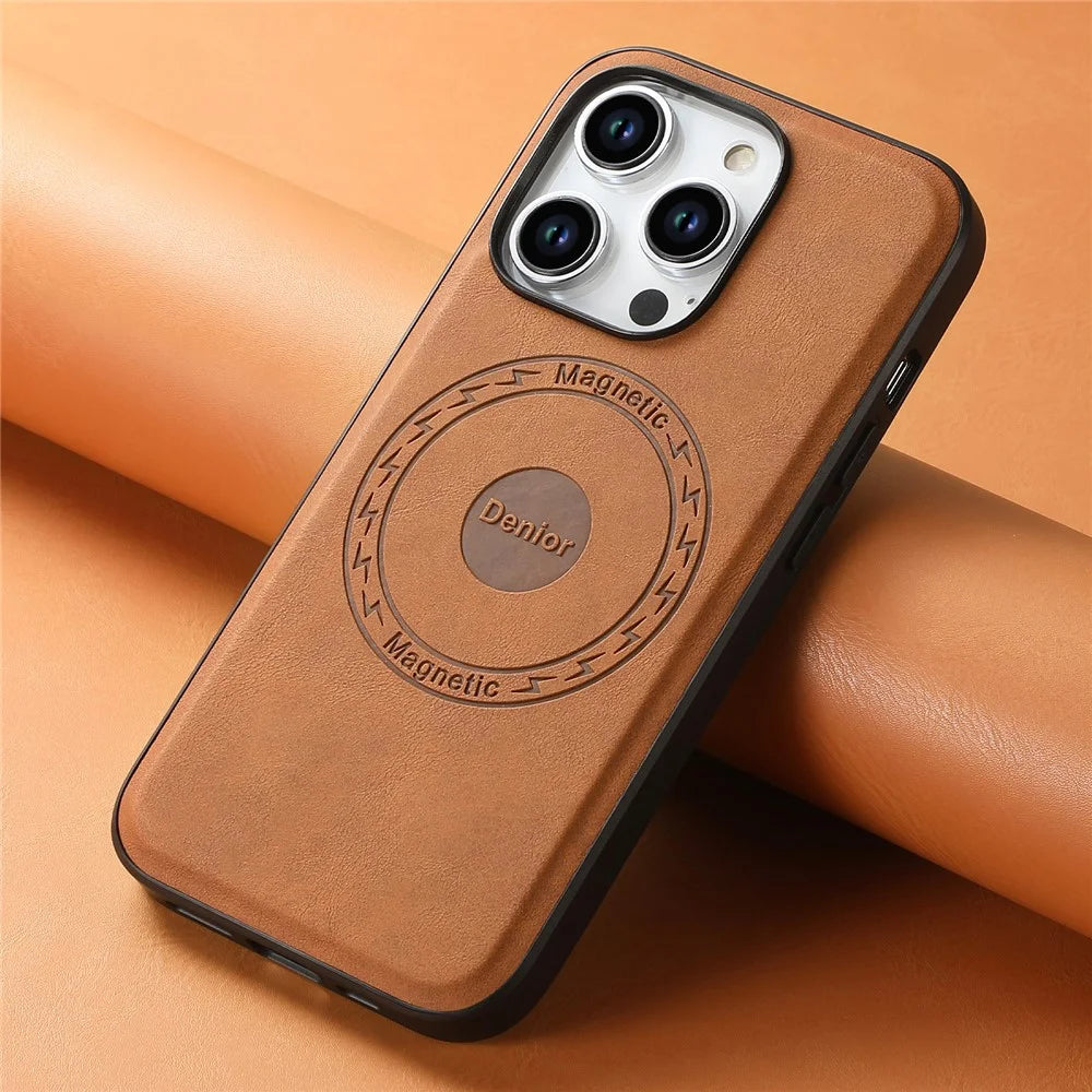 DENIOR A11 For iPhone 15 Pro Case Leather Coated TPU+PC Magnetic Drop-proof Phone Cover - Brown - 5