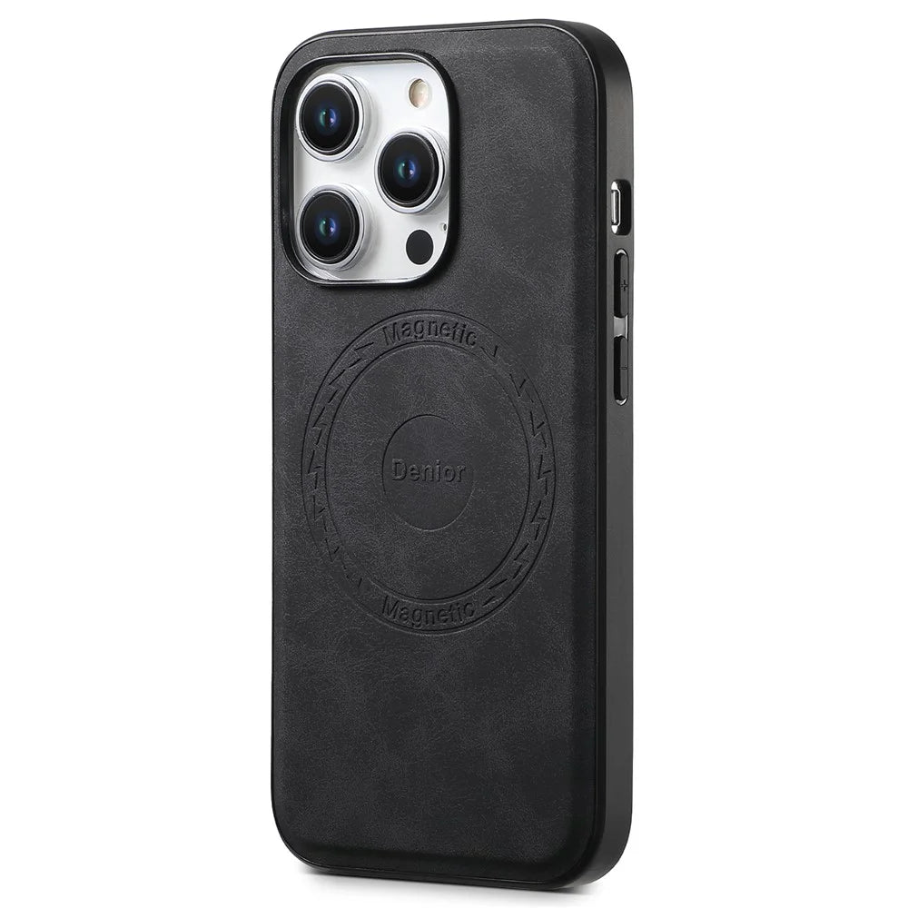 DENIOR A11 For iPhone 15 Pro Max Magnetic Case Retro Leather Coated Drop-proof Phone Cover - Black - 1