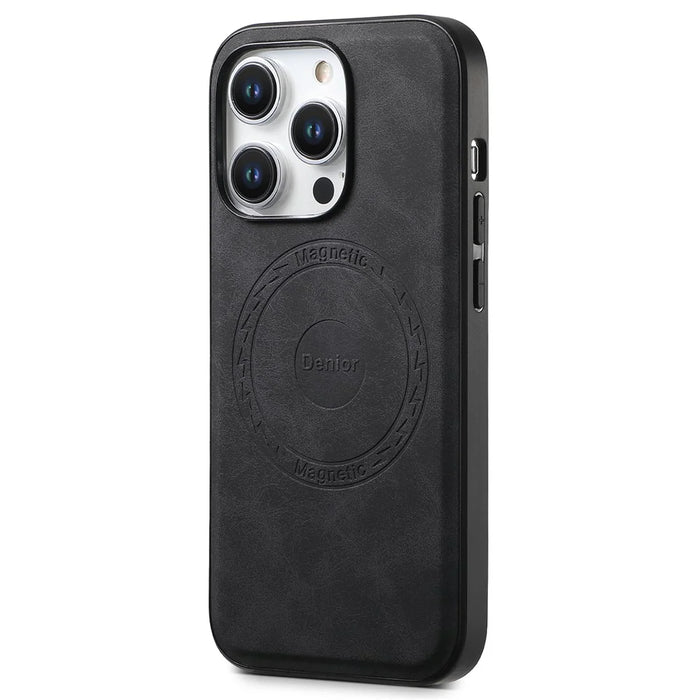 DENIOR A11 For iPhone 15 Pro Max Magnetic Case Retro Leather Coated Drop-proof Phone Cover - Black - 1