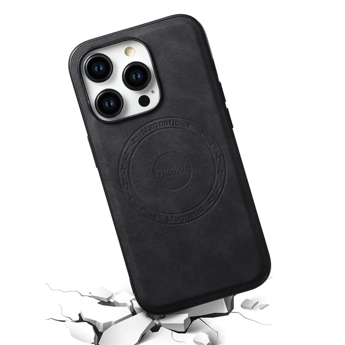 DENIOR A11 For iPhone 15 Pro Max Magnetic Case Retro Leather Coated Drop-proof Phone Cover - Black - 3