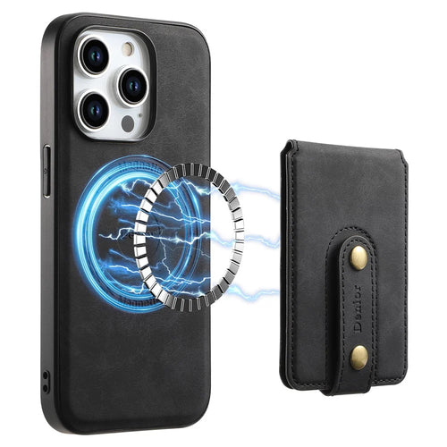 DENIOR D14 For iPhone 15 Pro Magnetic Case with Detachable Card Holder Kickstand PU+TPU+PC Phone Cover - Black - 1