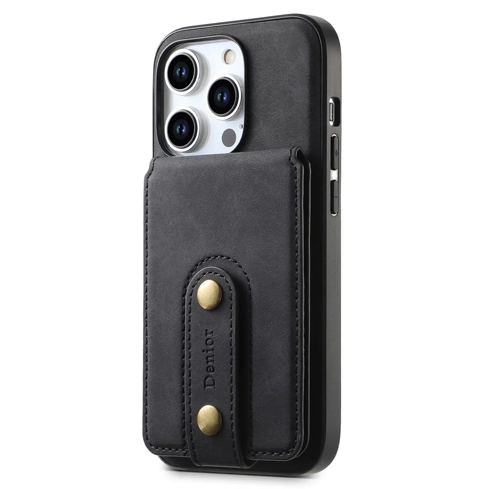 DENIOR D14 For iPhone 15 Pro Magnetic Case with Detachable Card Holder Kickstand PU+TPU+PC Phone Cover - Black - 2