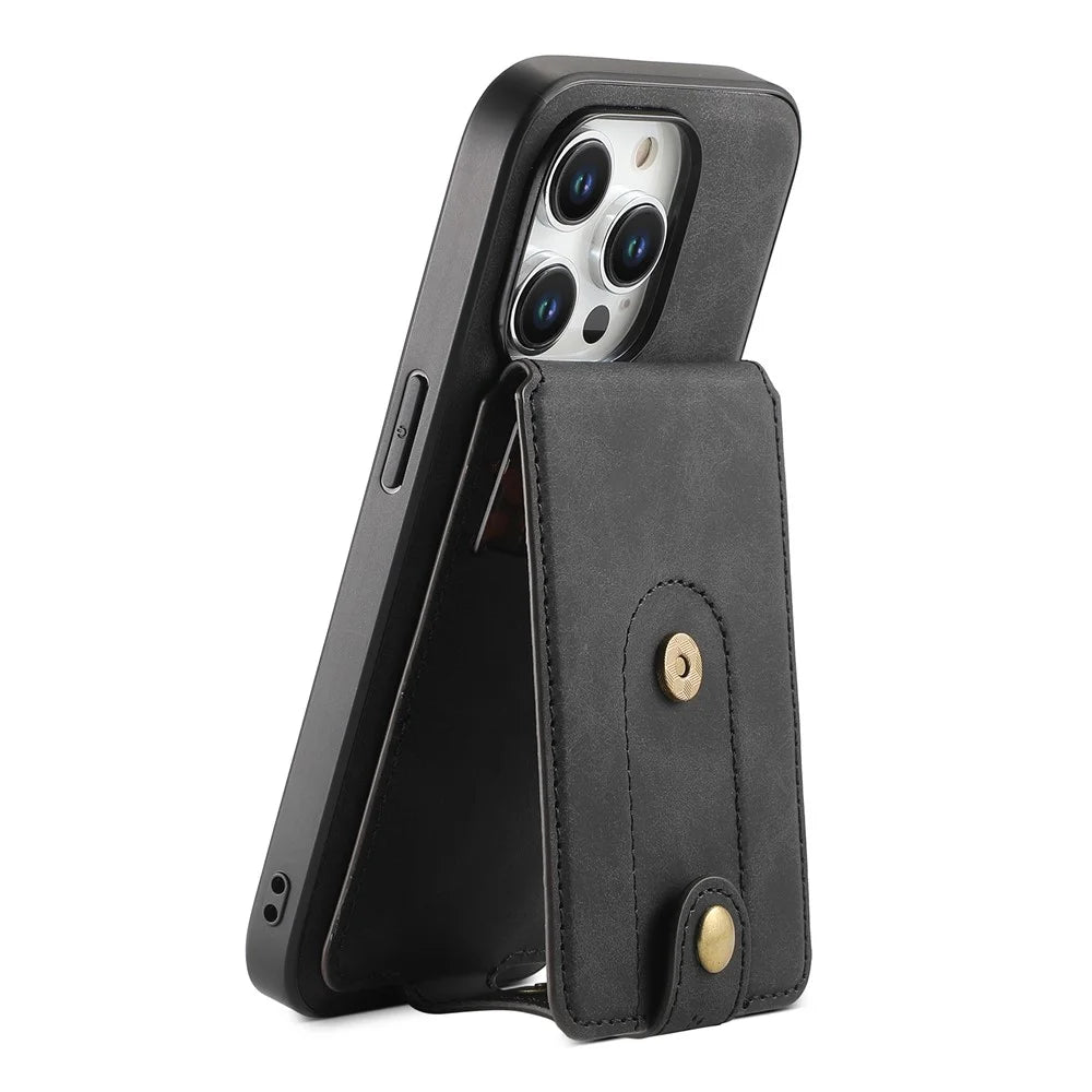 DENIOR D14 For iPhone 15 Pro Magnetic Case with Detachable Card Holder Kickstand PU+TPU+PC Phone Cover - Black - 3