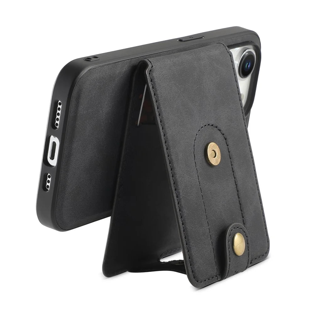 DENIOR D14 For iPhone 15 Pro Magnetic Case with Detachable Card Holder Kickstand PU+TPU+PC Phone Cover - Black - 4