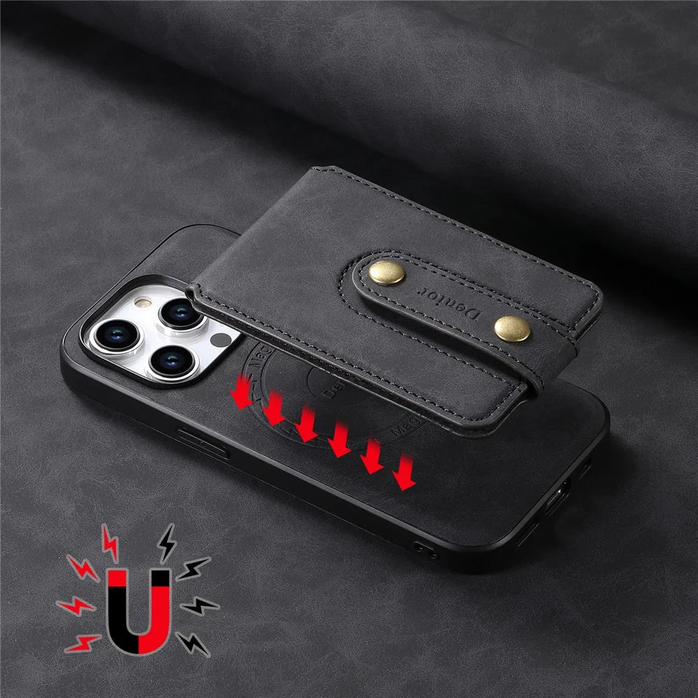 DENIOR D14 For iPhone 15 Pro Magnetic Case with Detachable Card Holder Kickstand PU+TPU+PC Phone Cover - Black - 6