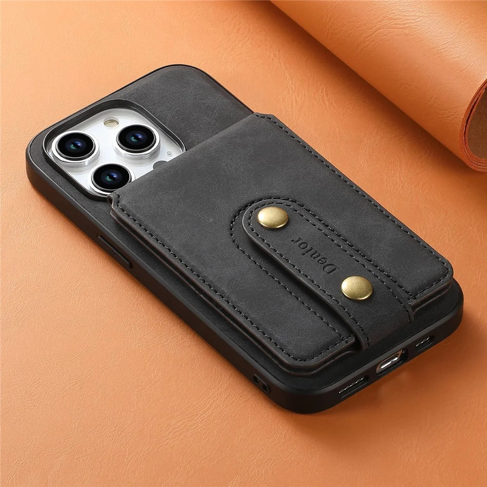 DENIOR D14 For iPhone 15 Pro Magnetic Case with Detachable Card Holder Kickstand PU+TPU+PC Phone Cover - Black - 7