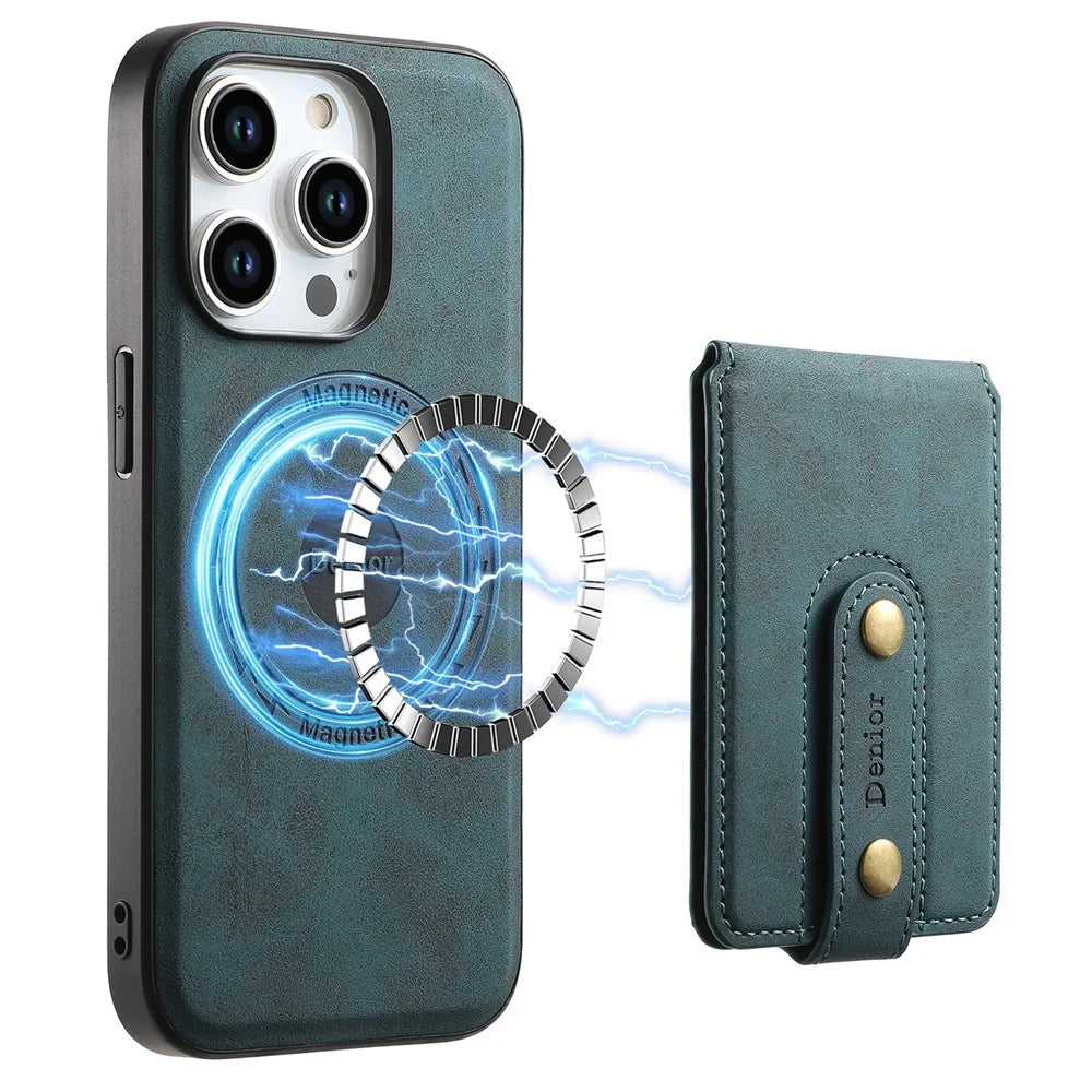 DENIOR D14 For iPhone 15 Pro Max Magnetic Case with Detachable Card Holder Kickstand PU+TPU+PC Phone Cover - Blue - 1