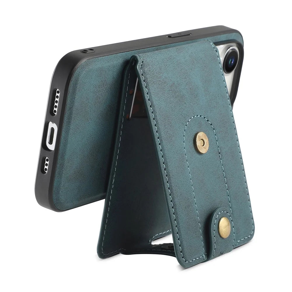 DENIOR D14 For iPhone 15 Pro Max Magnetic Case with Detachable Card Holder Kickstand PU+TPU+PC Phone Cover - Blue - 4