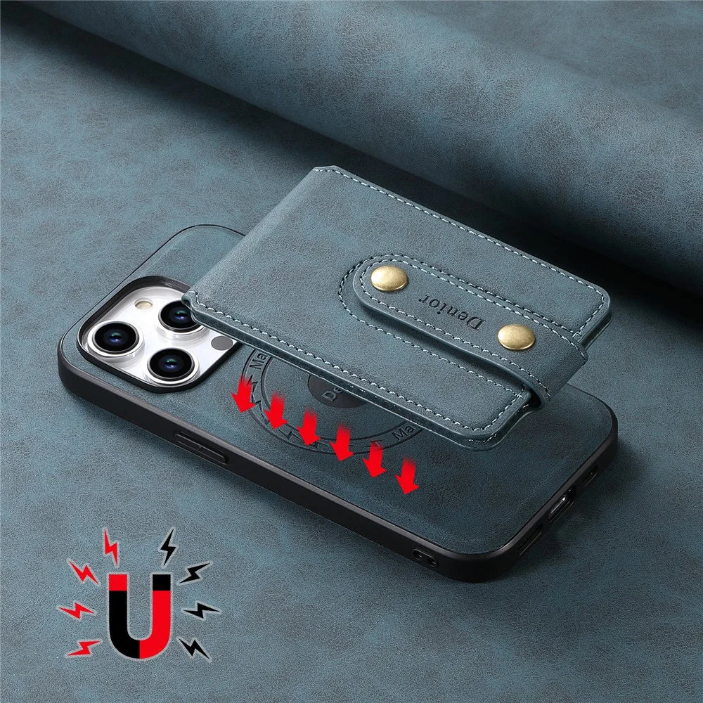 DENIOR D14 For iPhone 15 Pro Max Magnetic Case with Detachable Card Holder Kickstand PU+TPU+PC Phone Cover - Blue - 6