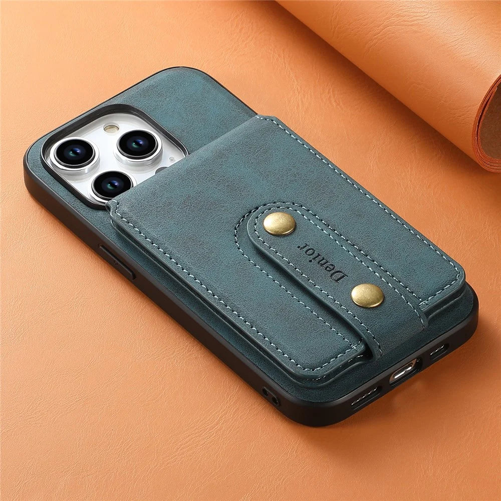 DENIOR D14 For iPhone 15 Pro Max Magnetic Case with Detachable Card Holder Kickstand PU+TPU+PC Phone Cover - Blue - 7